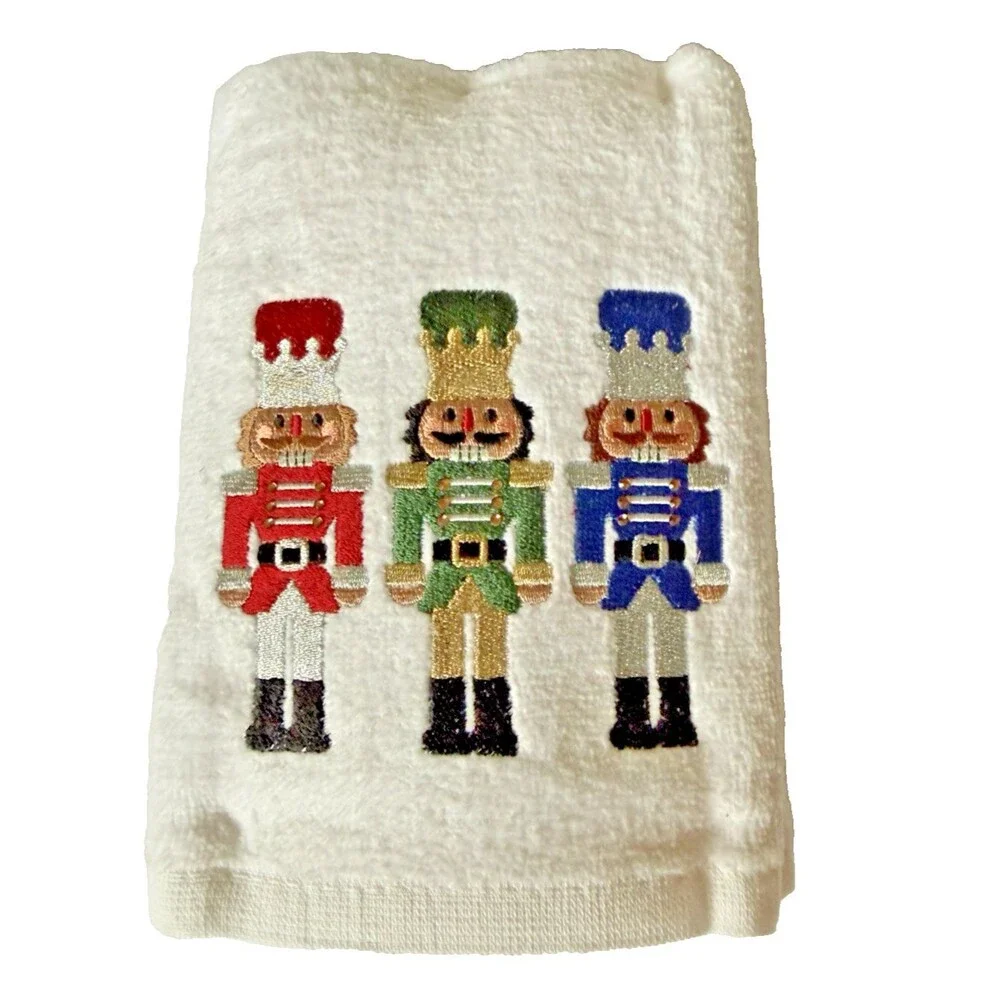 Christmas Nutcracker Hand Towels Holiday Embroidered Cotton Tin Soldier Set of 2